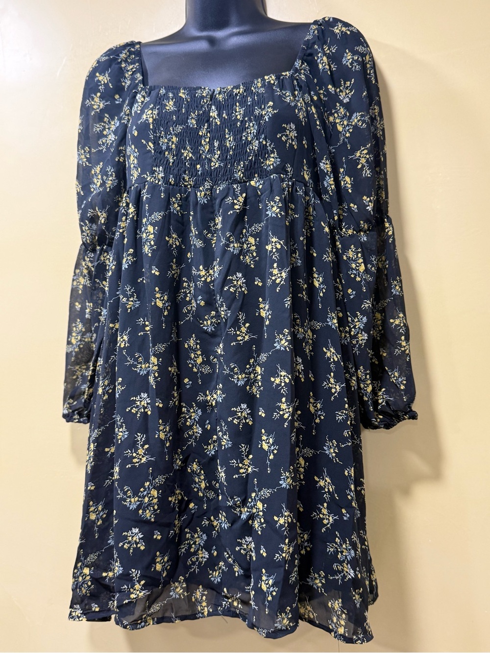 Black Floral Smocked Dress with Yellow Accents